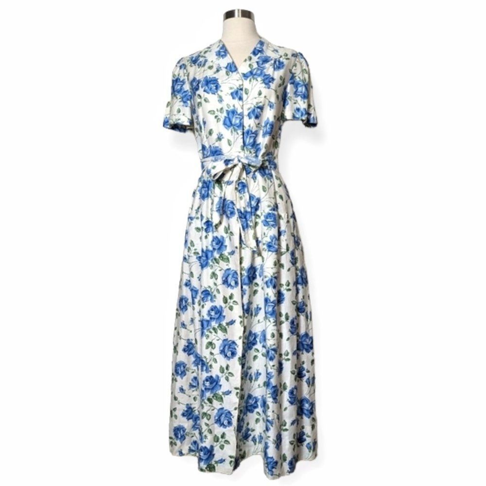 SOLD Vintage 50s Handmade Blue Floral Print Midi Maxi Wrap Dress Short Sleeve - Picture 1 of 16
